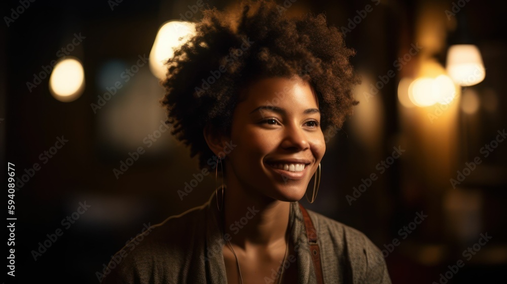 Close-up portrait of a fictional black woman with afro hair, smiling candidly. Generative AI illustration. Close-up portrait of a fictional black woman with afro hair, smiling candidly. Generative AI illustration.