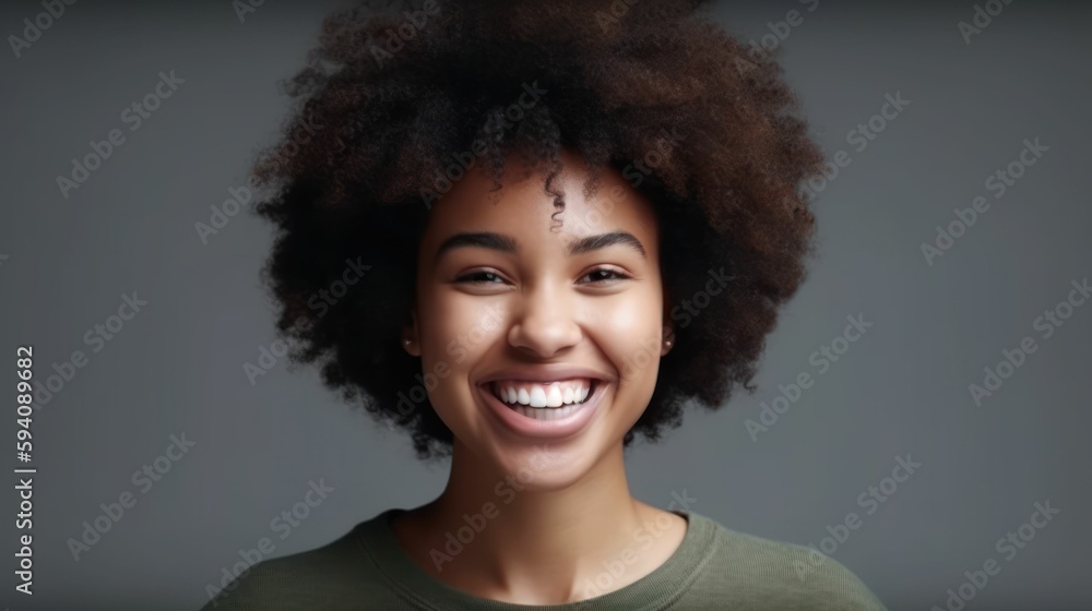Close-up portrait of a fictional black woman with afro hair, smiling candidly. Isolated on plain background. Generative AI illustration. Close-up portrait of a fictional black woman with afro hair, smiling candidly. Isolated on plain background. Generative AI illustration.