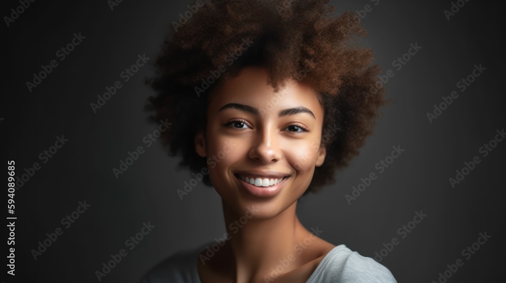 Close-up portrait of a fictional black woman with afro hair, smiling candidly. Isolated on plain background. Generative AI illustration. Close-up portrait of a fictional black woman with afro hair, smiling candidly. Isolated on plain background. Generative AI illustration.