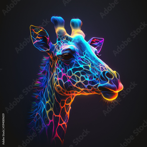 Generative AI illustration of giraffe head in Neon light head isolated on dark background