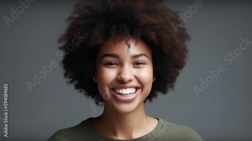 Close-up portrait of a fictional black woman with afro hair, smiling candidly. Isolated on plain background. Generative AI illustration.