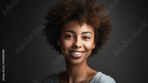 Close-up portrait of a fictional black woman with afro hair, smiling candidly. Isolated on plain background. Generative AI illustration.