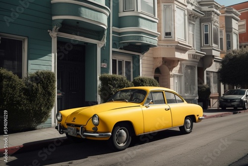 Yellow car parked on city street. Generative AI