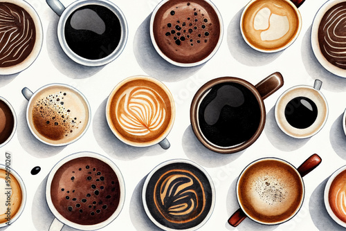 Coffee mugs pattern background. Different types of coffee. Top view. Watercolour AI generative illustration.