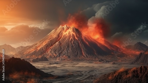 Slika na platnu Volcano eruption landscape with magma. Generative AI
