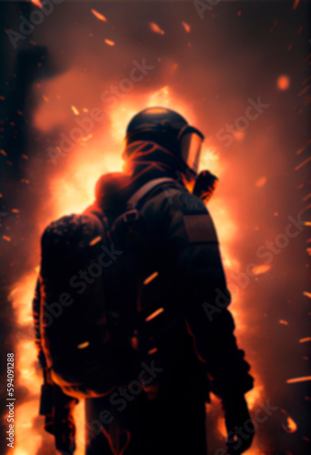 firefighters in action, image of a firefighter with helmet surrounded by fire, image created with ia