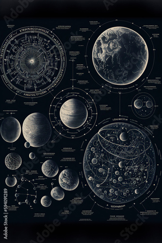 representation of an imaginary stellar map with planets, stars and satellites, image created with ia