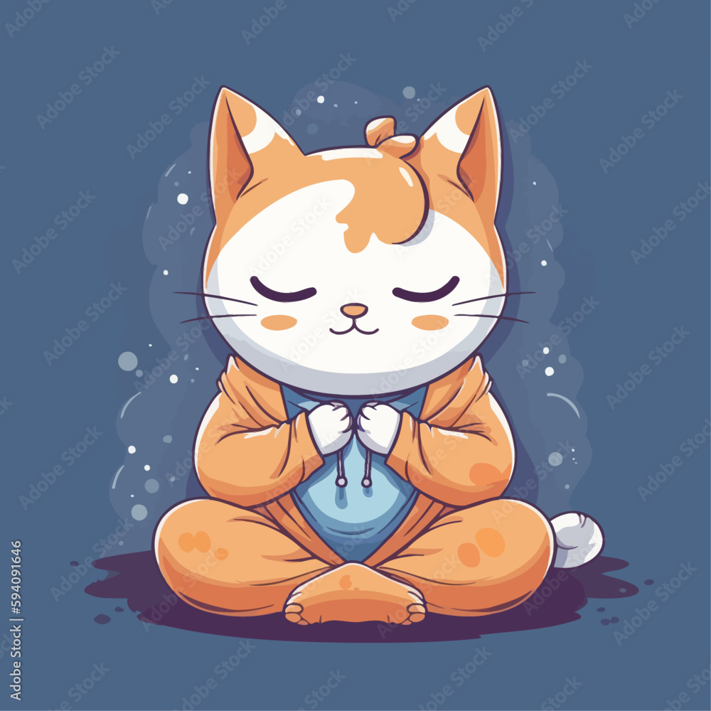 Cartoon funny cat mascot meditating vector illustration character ...