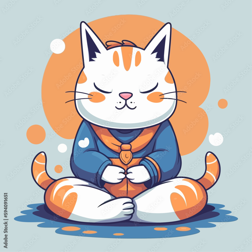 Cartoon funny cat mascot meditating vector illustration character ...