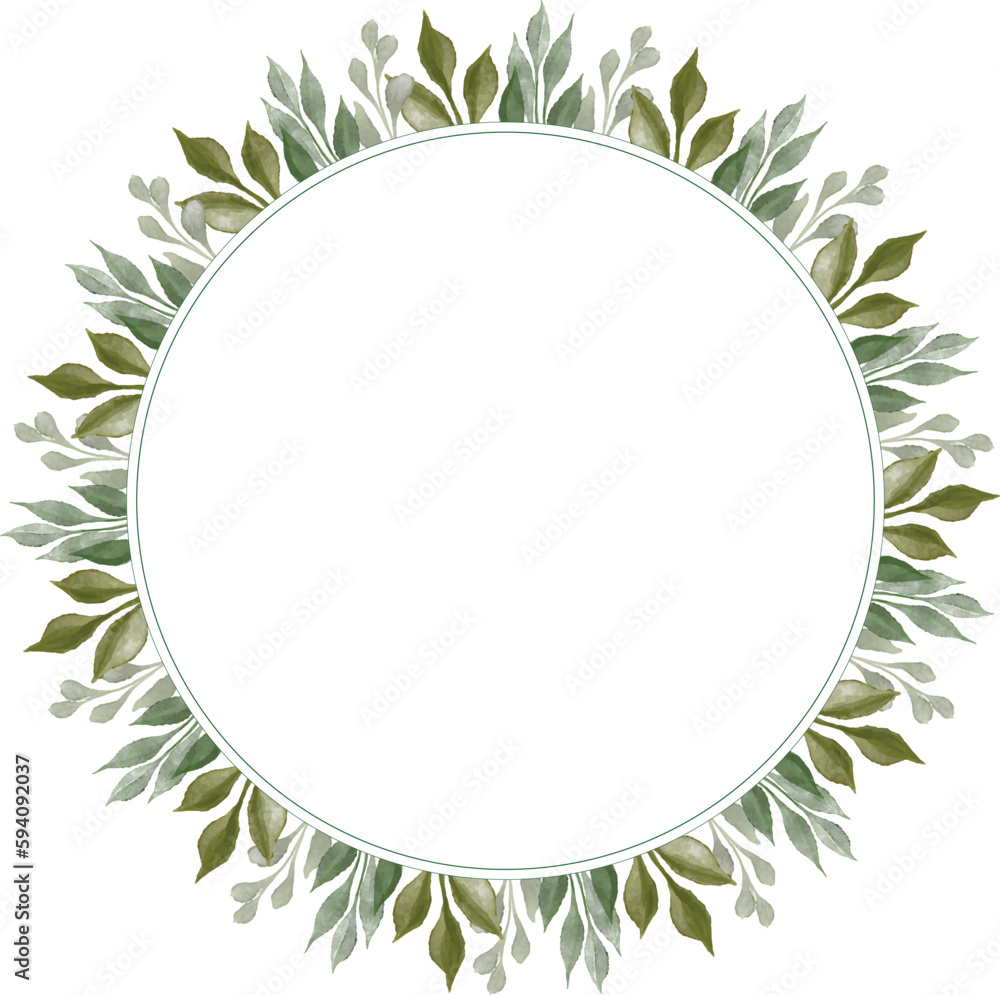 circle frame with green watercolor leaves border