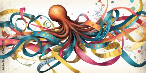 whimsical octopus playfully tangled in colorful assortment of ribbons, uncluttered background, concept of Organic Complexity, created with Generative AI technology