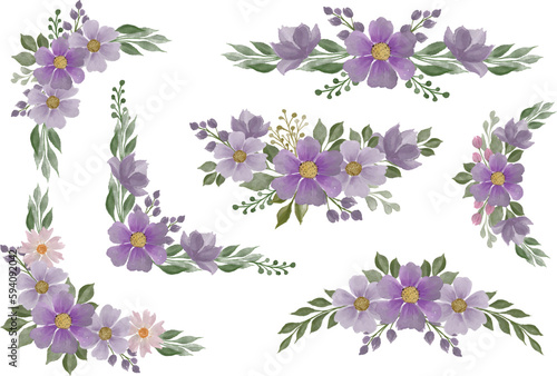 arrangement of purple flower watercolor frame for wedding card