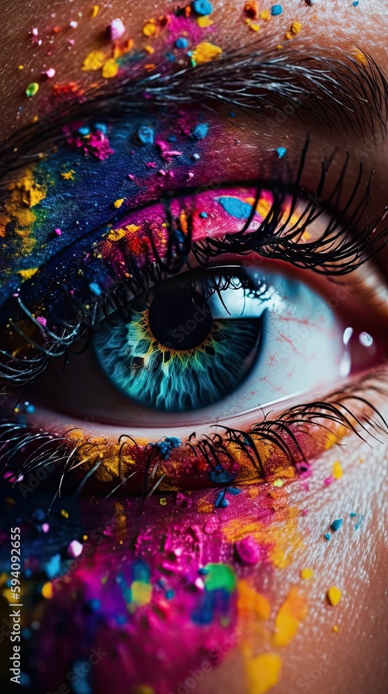 Human eye close up with colorful paint , ink splashes and drips, Generative AI	