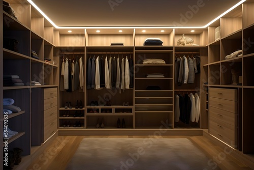 clean an minimalistic dressing room with wood elements, clothing, closet, luxury dressing room, Generative AI © asura