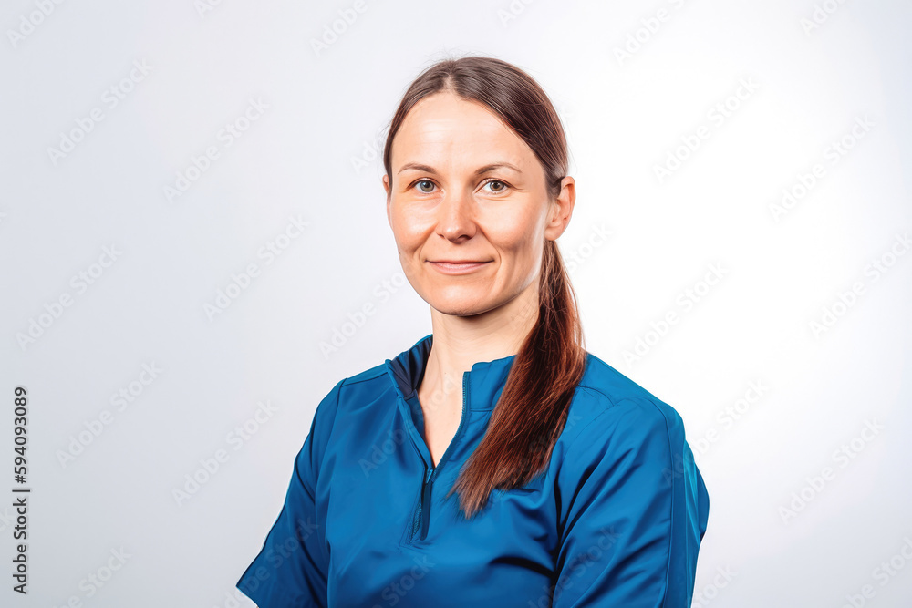 Brunette smiling confident female physiotherapist wearing work attire in studio against neutral background. Brunette smiling confident female physiotherapist wearing work attire in studio against neutral background.