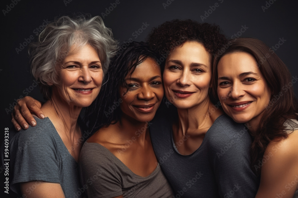 Obraz premium Four fun loving playful smiling multiethnic women posing in the studio against dark background. Generative AI.