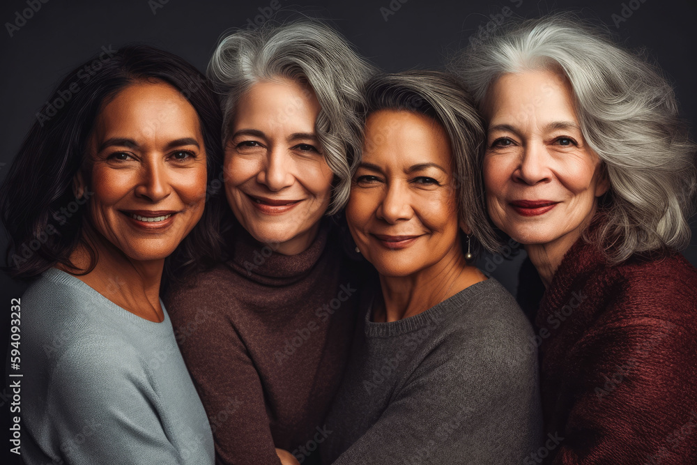 Four fun loving playful smiling multiethnic women posing in the studio against dark background. Generative AI. Four fun loving playful smiling multiethnic women posing in the studio against dark background. Generative AI.