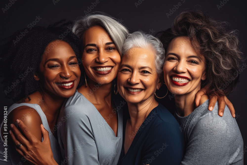 Obraz premium Four fun loving playful smiling multiethnic women posing in the studio against dark background. Generative AI.