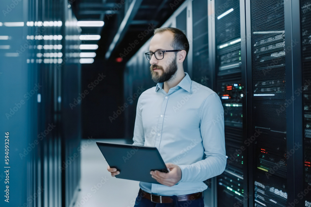 IT computer specialist holding laptop in his hands and inspecting servers at datacenter. High quality generative AI IT computer specialist holding laptop in his hands and inspecting servers at datacenter. High quality generative AI