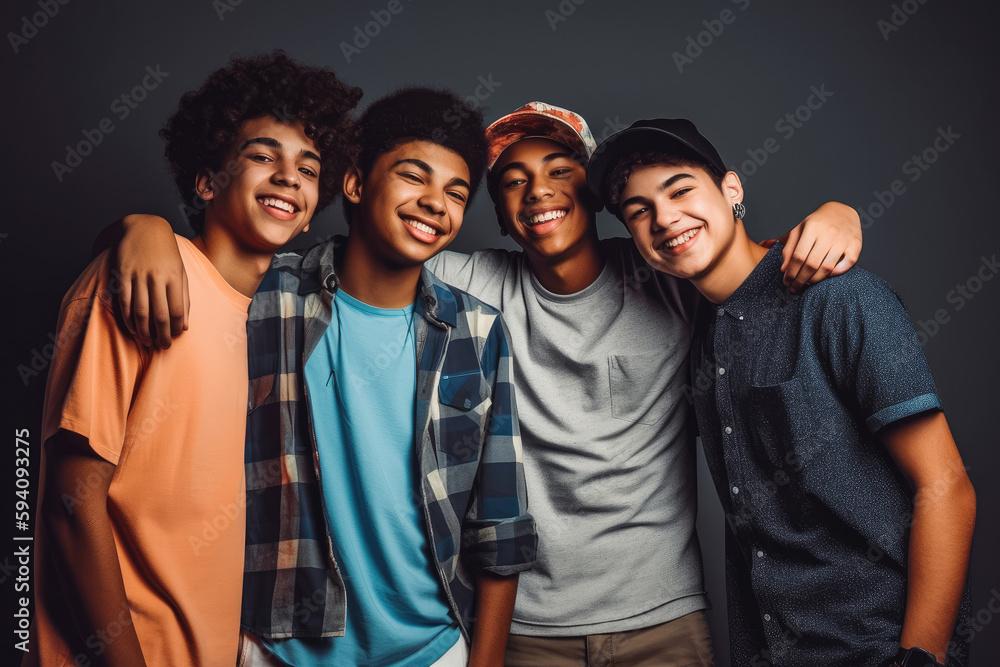 Four fun loving smiling cheerful multiethnic teen males posing in studio against dark background. Generative AI. Four fun loving smiling cheerful multiethnic teen males posing in studio against dark background. Generative AI.