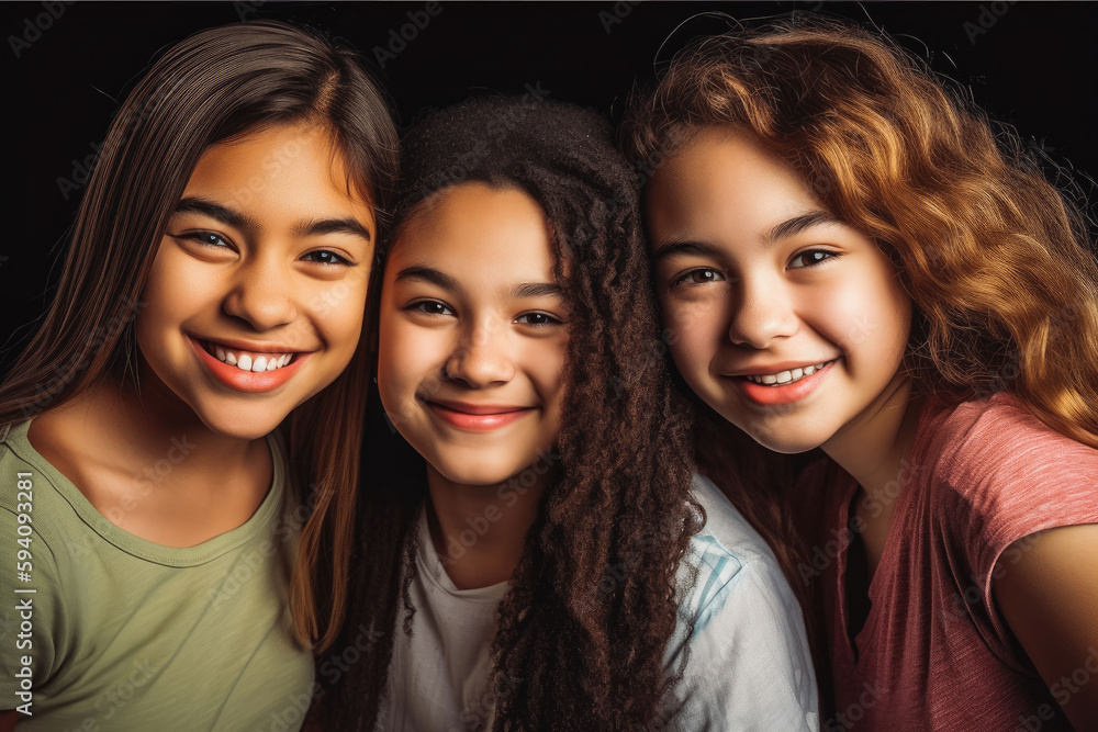 Three fun loving playful smiling multiethnic women posing in the studio against dark background. Generative AI. Three fun loving playful smiling multiethnic women posing in the studio against dark background. Generative AI.