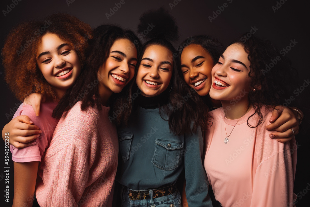 Fototapeta premium Five fun loving playful smiling multiethnic teen women posing in the studio against dark background. Generative AI.