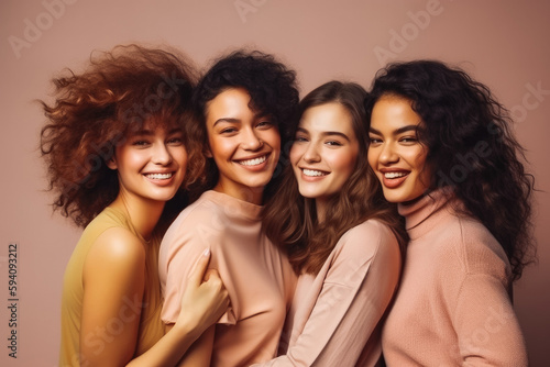 Four fun loving playful smiling multiethnic women posing in the studio against orange background. Generative AI.