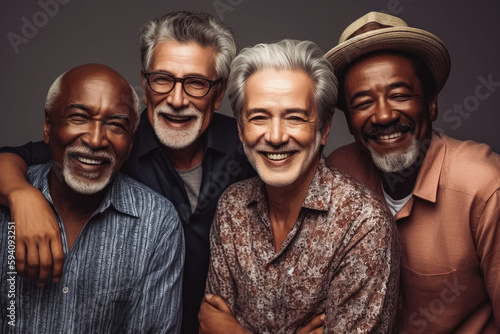 Four fun loving smiling cheerful multiethnic older males posing in studio against dark background. Generative AI.