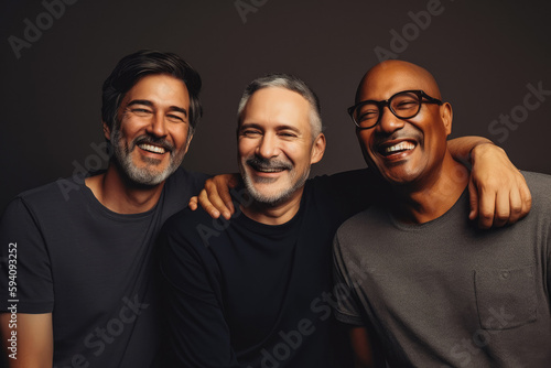 Three fun loving smiling cheerful multiethnic middle age males posing in studio against dark background. Generative AI.