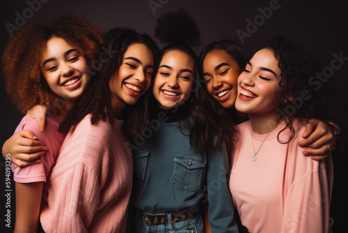Five fun loving playful smiling multiethnic teen women posing in the studio against dark background. Generative AI.