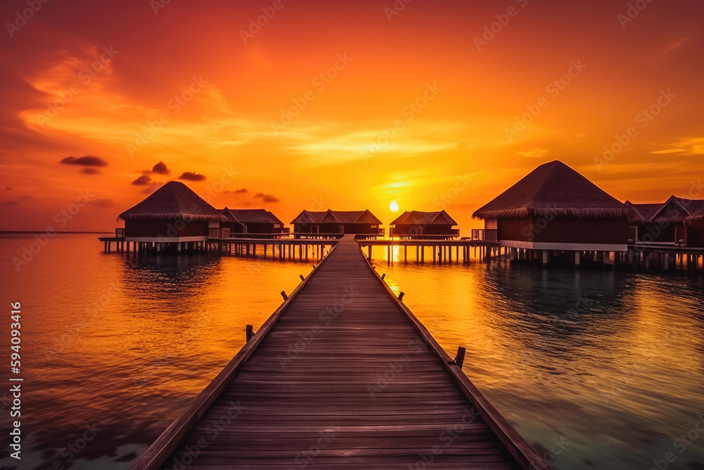 Romantic sunset on pier with villas on the water. Beautiful beach with clear blue water and bungalows. Generative AI.