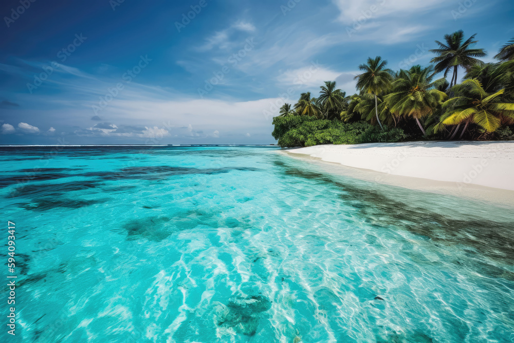 Fototapeta premium Tropical beach in the maldives. Paradise beach tropical resort with clear blue water and palm trees. Generative AI.