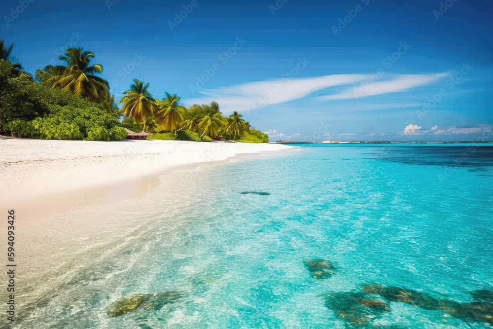 Tropical beach in the maldives. Paradise beach tropical resort with clear blue water and palm trees. Generative AI.