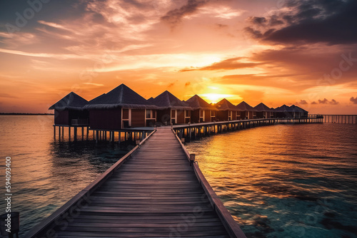 Romantic sunset on pier with villas on the water. Beautiful beach with clear blue water and bungalows. Generative AI.