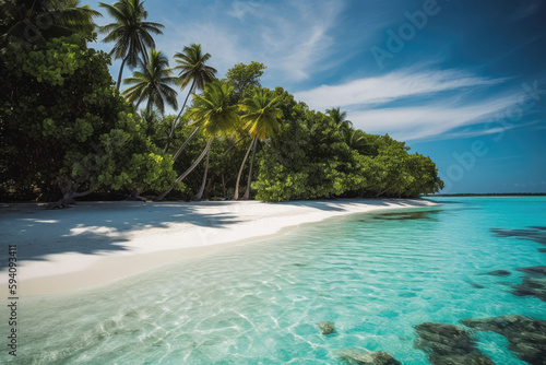 Tropical beach in the maldives. Paradise beach tropical resort with clear blue water and palm trees. Generative AI.