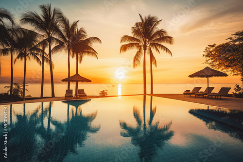 Tropical idyllic sunset pool in the luxury maldives. Paradise beach tropical resort with clear blue water and palm trees. Generative AI.