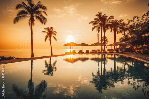 Tropical idyllic sunset pool in the luxury maldives. Paradise beach tropical resort with clear blue water and palm trees. Generative AI. © VisualProduction