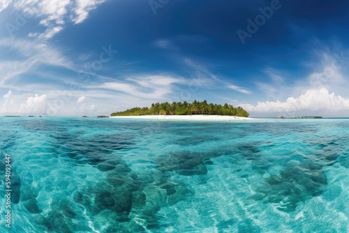 Tropical beach in the maldives panoramic shot. Paradise beach tropical resort with clear blue water and palm trees. Generative AI.