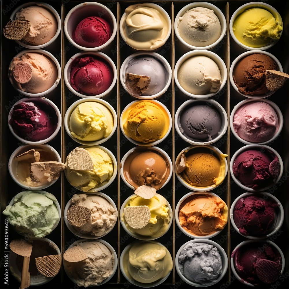 Tubs of 30 different flavours of ice cream from a overhead view Tubs of 30 different flavours of ice cream from a overhead view