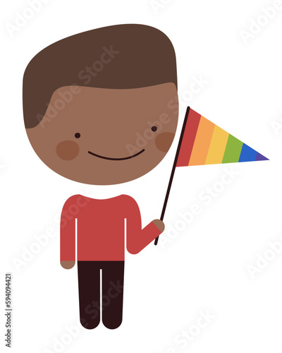 Hombre moreno homosexual con la bandera LGBT de colores,  en el día internacional y mes del orgullo LGBT. Vector