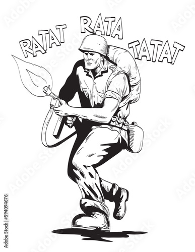 Comics style drawing or illustration of a World War Two American GI soldier firing rifle running towards front on isolated background done in black and white retro style.
