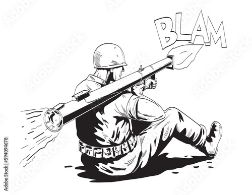 Comics style drawing or illustration of a World War Two American GI soldier firing bazooka or stovepipe viewed from rear on isolated background in black and white retro style.