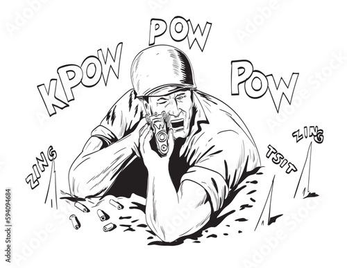 Comics style drawing or illustration of a World War Two American GI soldier aiming rifle viwed front on isolated background done in black and white retro style.