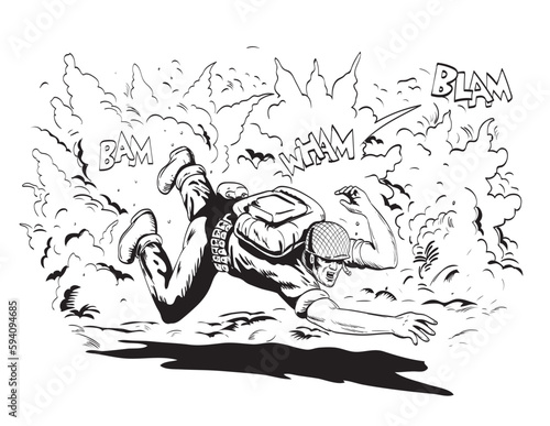 Comics style drawing or illustration of a World War Two American GI soldier diving docking for cover in explosion bombing shelling mortar fire on isolated background in black and white retro style.