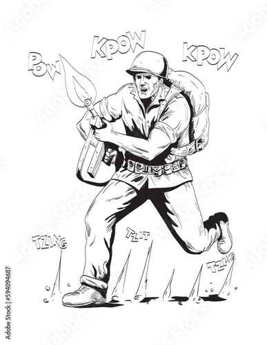 Comics style drawing or illustration of a World War Two American GI soldier with rifle running towards front on isolated background done in black and white retro style.