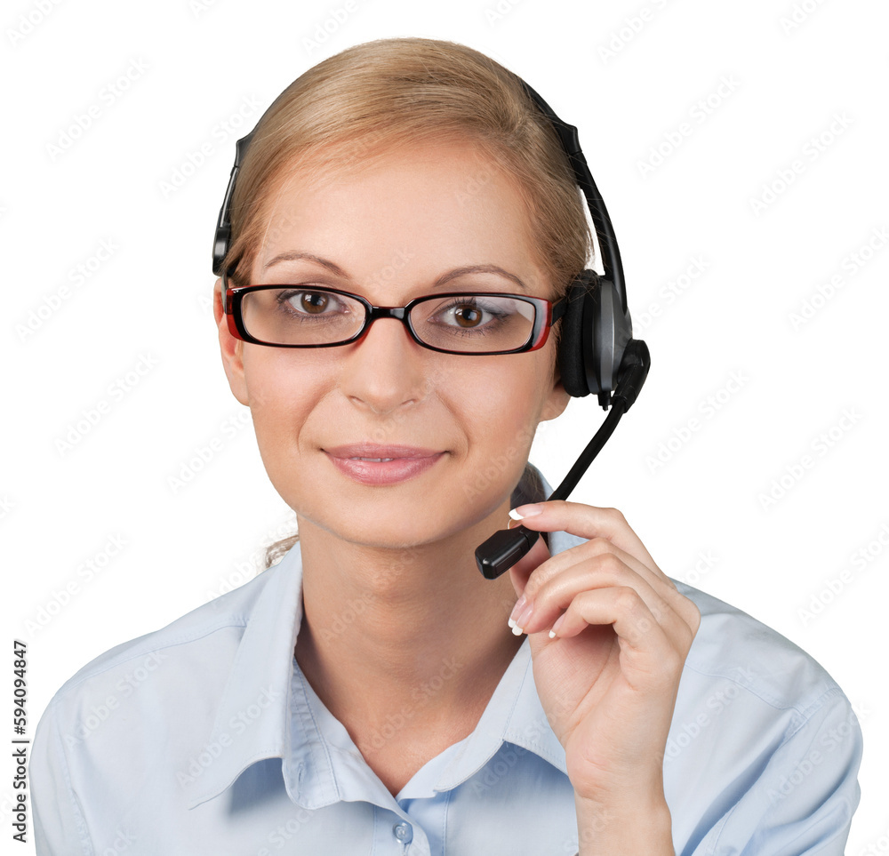 Close-up portrait of Young businesswoman in headset isolated on white background Close-up portrait of Young businesswoman in headset isolated on white background