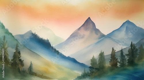 Watercolor mountain scenery in soft pastel shades