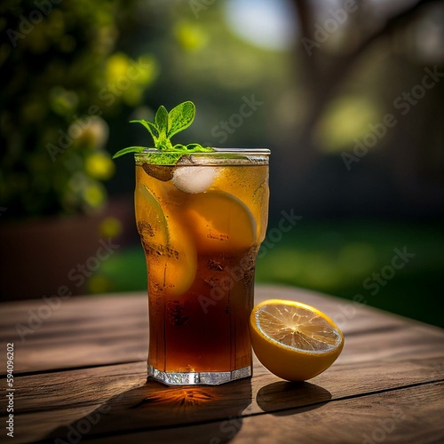 efreshing Summer Vibes - A Glass of Iced Tea with Lemon Slices on a Wooden Table in a Lush Green Garde photo