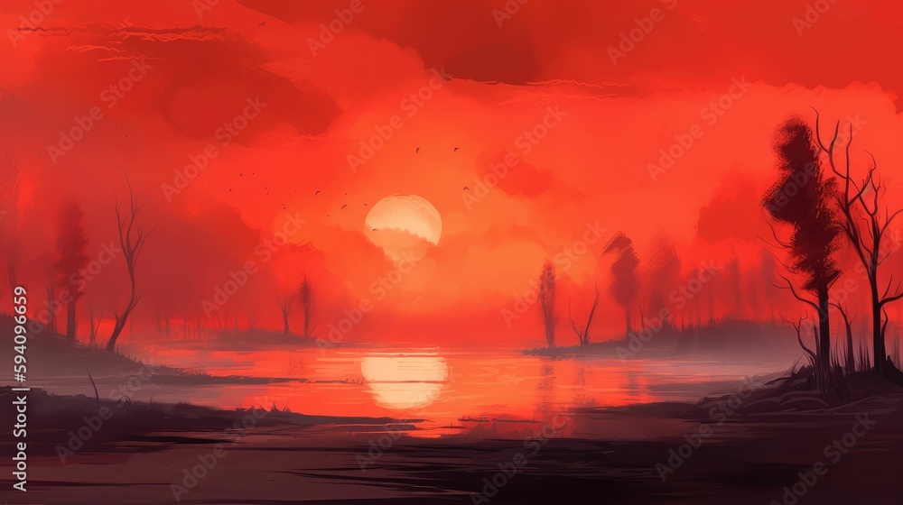 Dreamy atmosphere with intense warm red sky