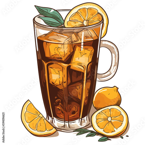 A glass of iced tea with ice and lemon slices.